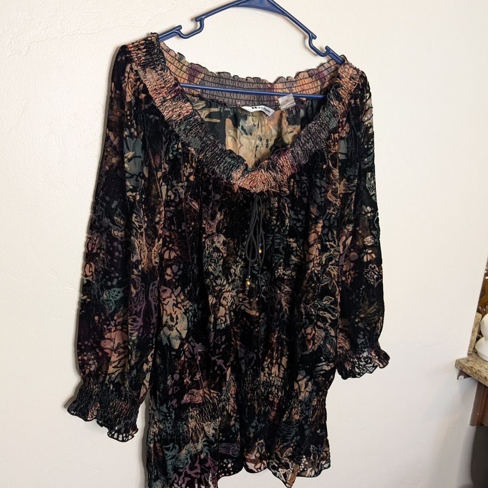 Nygard Burnout Velvet Fairy Romantic Boho Peasant Tunic Off-Shoulder Smocked Top